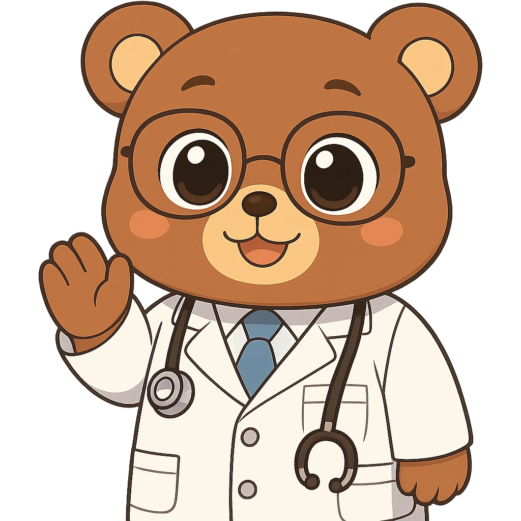 Make the anime style bear as a doctor cuter by giving it bigger eyes and a rounder face. Keep no background. The style should remain anime-like. emoji