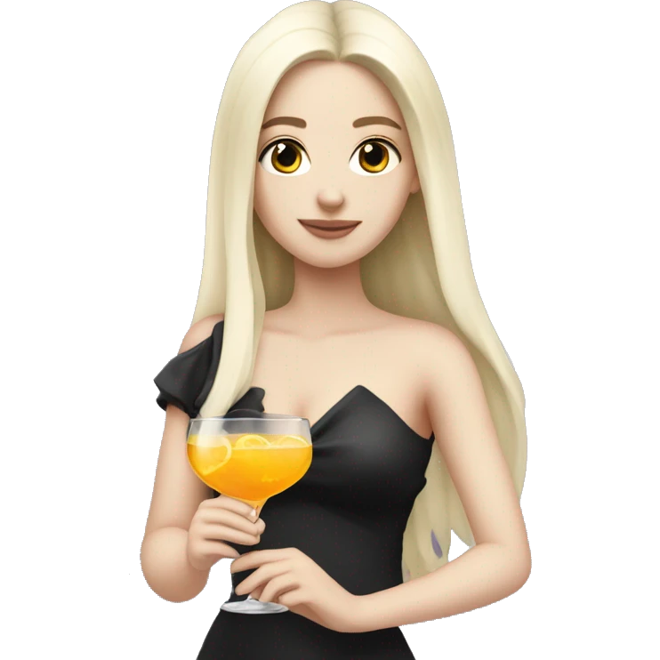 Pale girl with long black hair with chest holding cocktail emoji