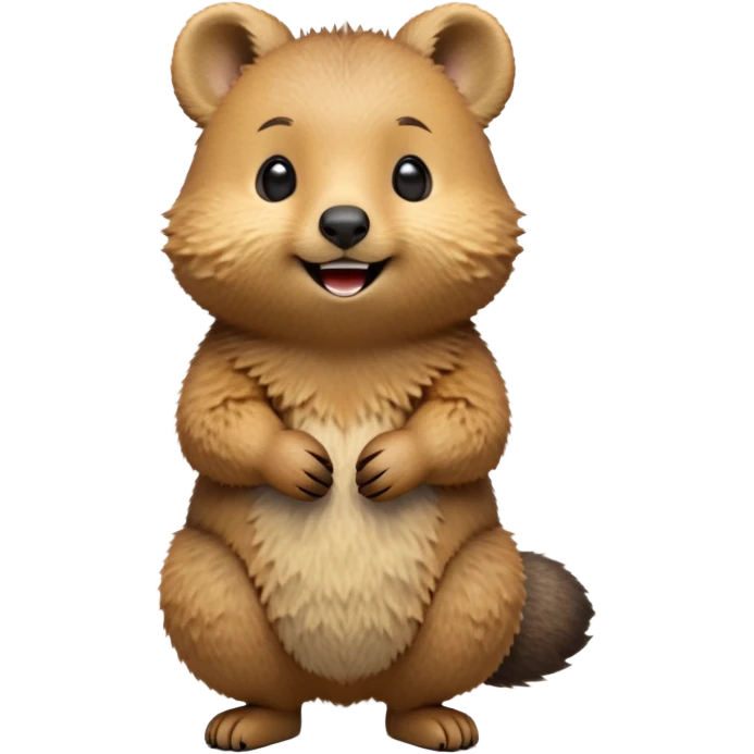 cinematic-quokka-realistic-full-body-standing-emoji,-small-round-frame-balanced-on-tiny-strong-hind-legs,giant fluffy cheeks large smile-fluffy-brown-fur-radiating-a-warm-softness,-big-round-eyes-filled-with-joy-and-innocence,-tiny-clawed-paws-held-close-to-chest,-cheerful-smile-exuding-endearing-happiness,-simplified-yet-realistic-focused-features,-highly-detailed,-glowing-with-a-sunny-warmth emoji