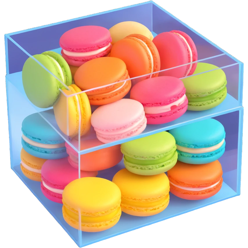 box of macarons with transparent lid, vibrant colors, shiny and appetizing, realistic textures, iOS 3D emoji style emoji