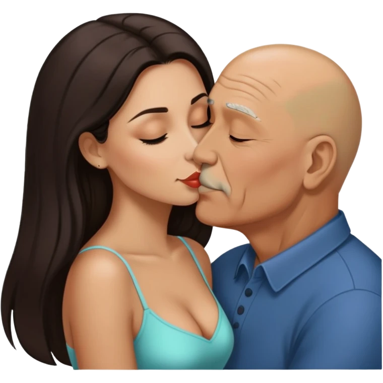 Beautiful woman with long dark hair, kissing a older Hispanic  bald man emoji