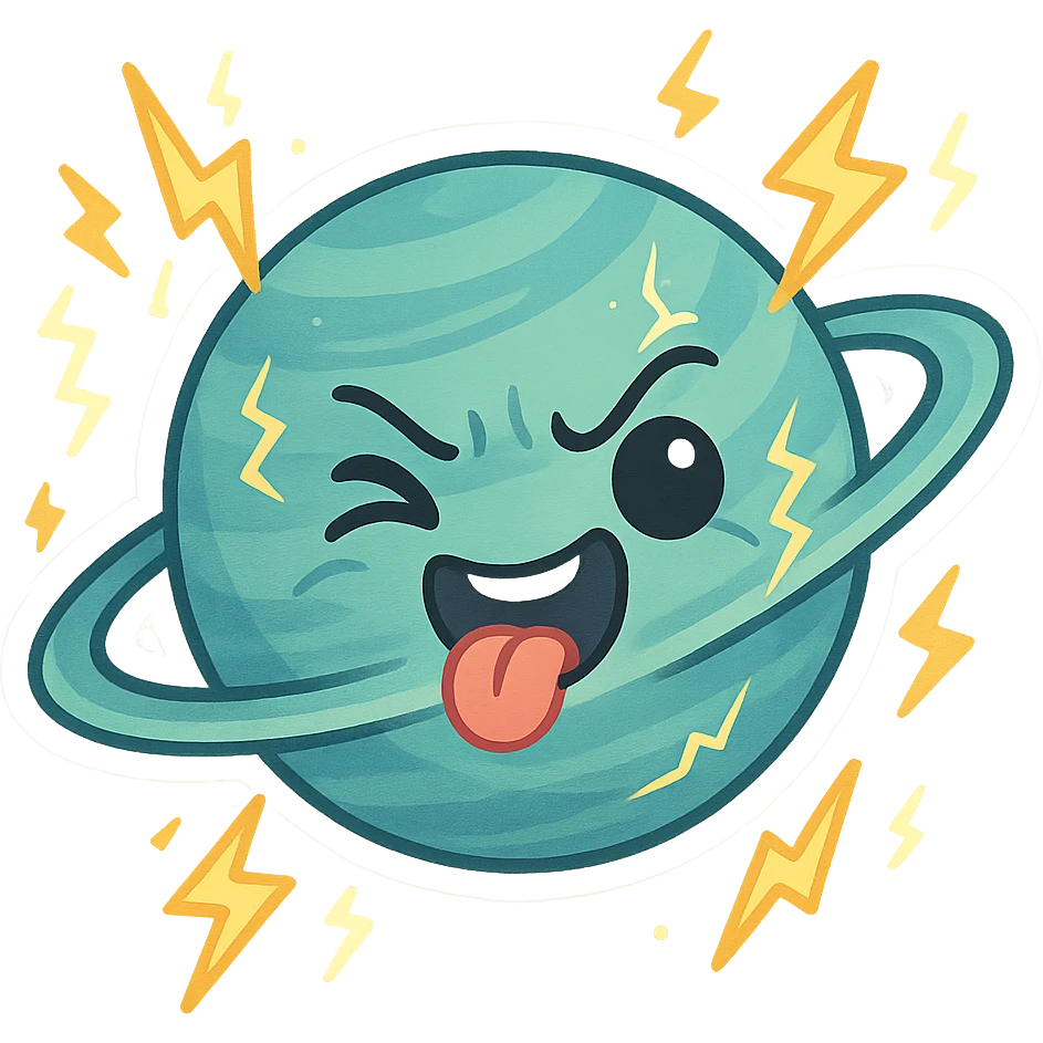 Uranus emoji with a playful, chaotic face, blue-green planet, swirling rings, lightning effects, representing electric, unexpected change emoji