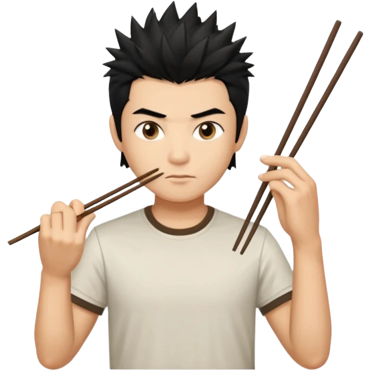 Make it a vietnamese male with spiky black hair holding only ONE pair of chopsticks in one hand, t-shirt. Please only ONE hand with chopsticks emoji