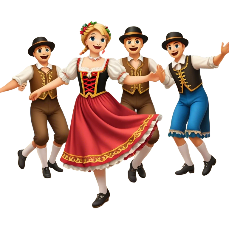 Cinematic Realistic Schuhplattler Dance Emoji, depicted as a lively traditional folk dance scene with performers in authentic Bavarian costumes, rendered with dynamic textures and festive natural lighting that captures the spirit of rural celebration. emoji