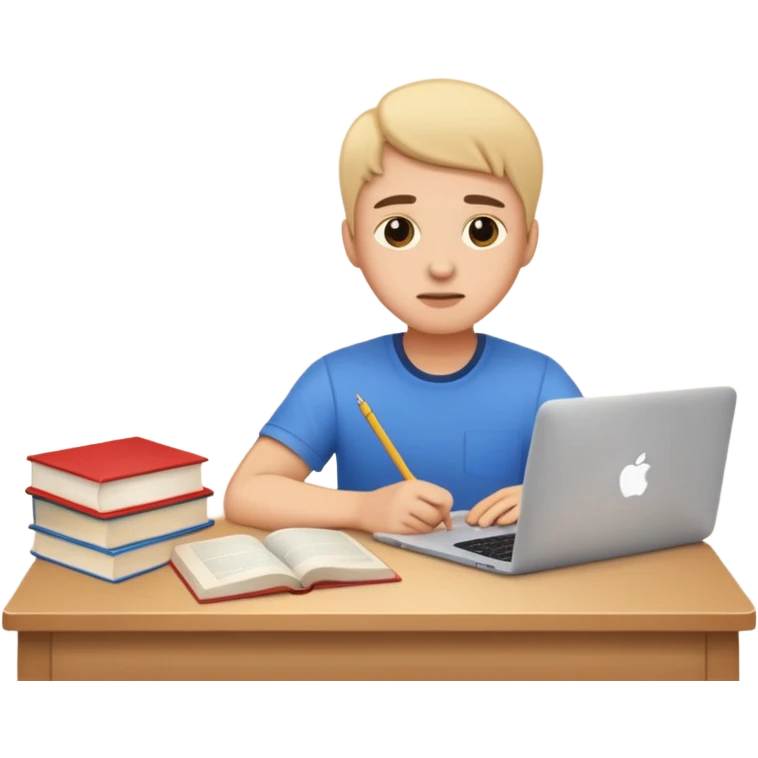 emoji student studying at home english books, macbook bored, room, white background emoji
