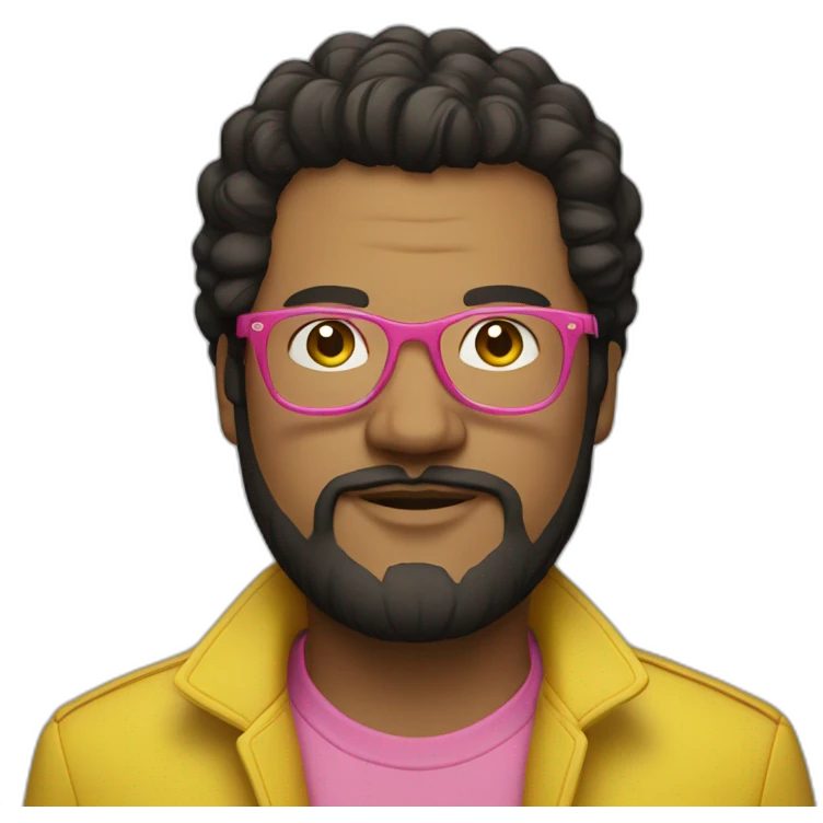 plus-sized man with dark hair, yellow long jacket, pink glasses emoji