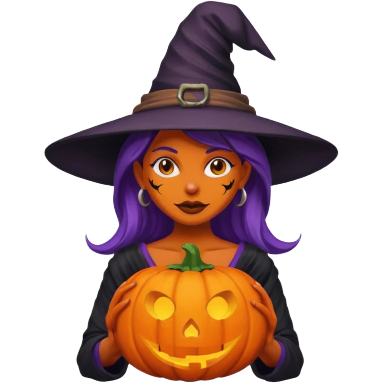 A naked woman with bare chest wears a carved pumpkin head and a witch hat with purple skin emoji