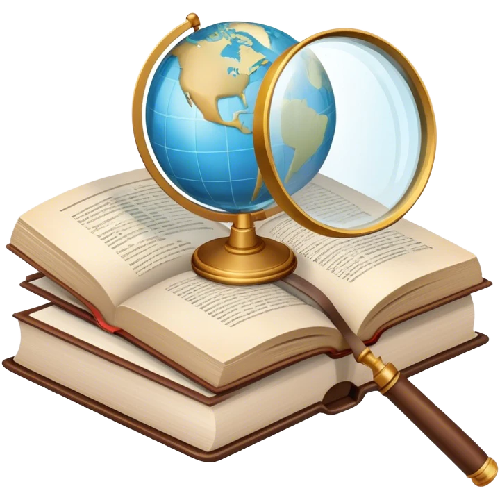 Icon for Non-Fiction Reading: an open book with pages filled with factual text, surrounded by a magnifying glass, a globe, and a stack of reports. The icon should convey the investigative and informative nature of documentary and non-fiction literature. Transparent background. emoji