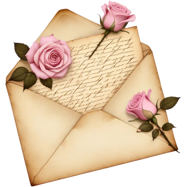 An antique handwritten letter with dried light pink roses and a golden wax seal, vintage aesthetic. emoji