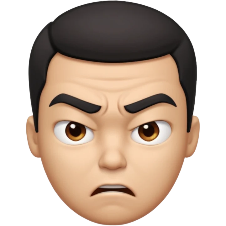 Create a 3D cartoon-style boy character with light brown skin, short straight black hair swept to one side covering part of his forehead, and an angry or annoyed expression. Sharp eyebrows, narrowed eyes, and lips pressed in irritation. emoji