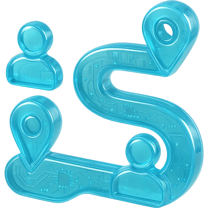Flat icon of a winding path with user avatars and milestones, cyan blue emoji