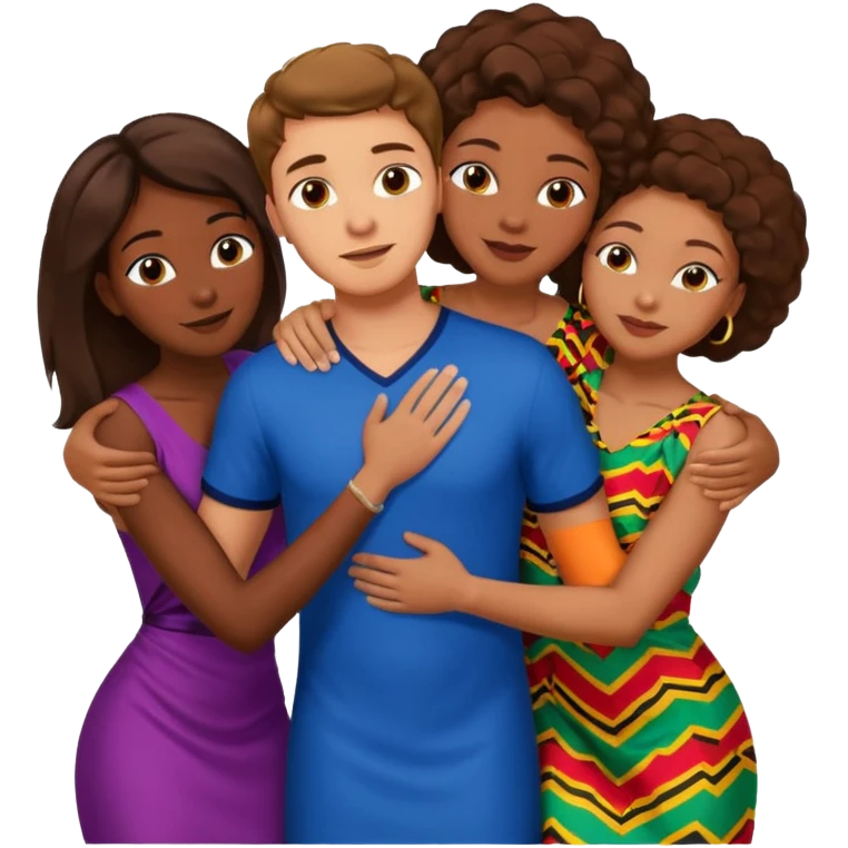 one american italian young brown-haired man surrounded by three african women with large butts hugging him and each other and massaging his crotch emoji