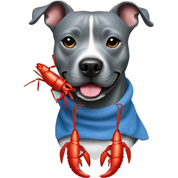 Blueish gray Staffy with a red lobster toy  emoji