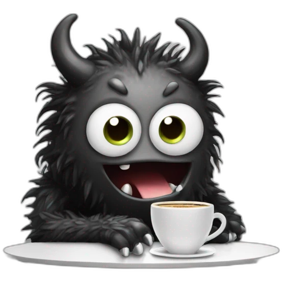 talkative black and white monster with a coffee emoji