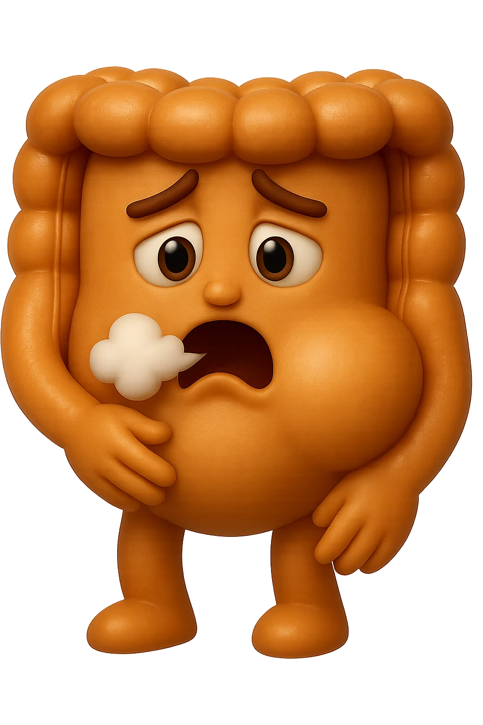 emoji stile iphone di un intestino che ingoia una nuvoletta di aria ben visibile e gli si gonfia la pancia, non fargli il naso, iperrealistico 4k emoji