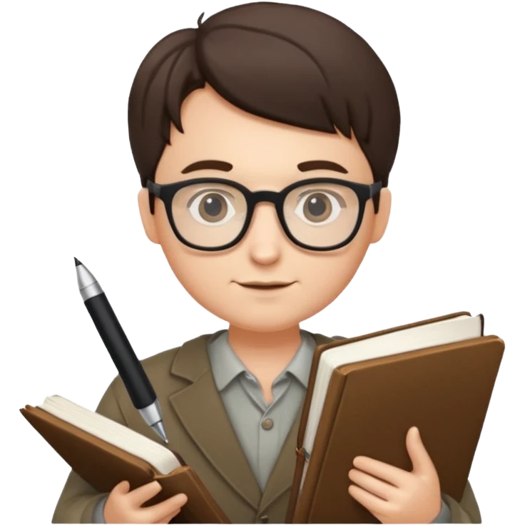 writer holding big pen in hand and book in other hand, wearing glasses emoji