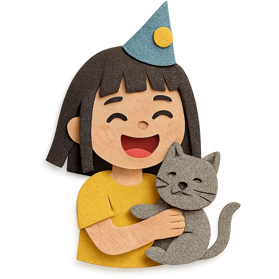 asian girl laughing, holding a grey cat, birthday party, paper craft style emoji