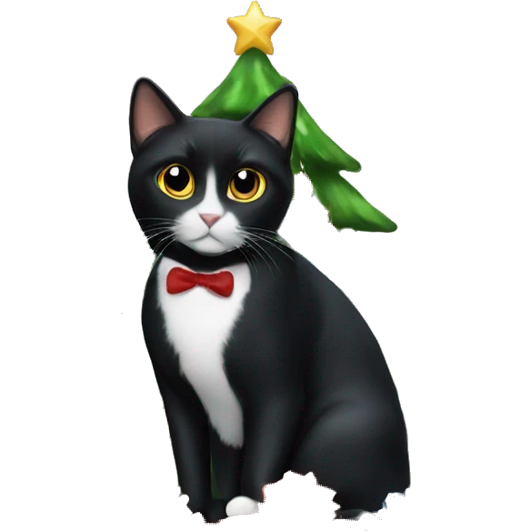 Black tuxedo cat sitting Christmas tree  emoji