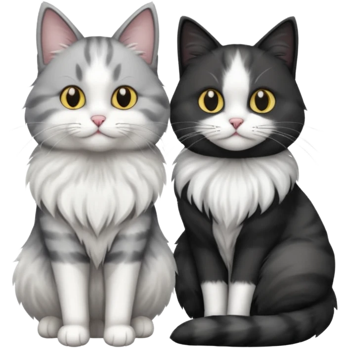 a realistic looking very fluffy grey and white cat sitting next to another cat emoji