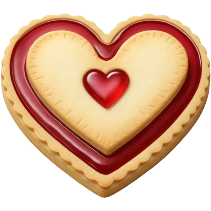 Realistic shortbread cookie in the shape of a heart with red jelly middle filling and sprinkled powder sugar on top. emoji