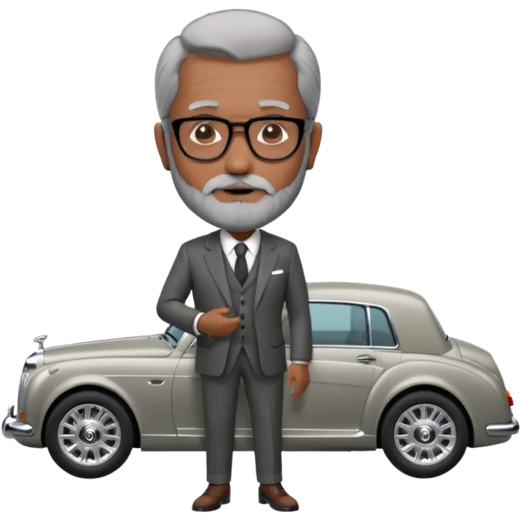 Professor Bentley Dyed black gray hair  frencb beard graying indian guy in suit with a bentley car. Older look around 60 yrs  with glasses slight balding emoji