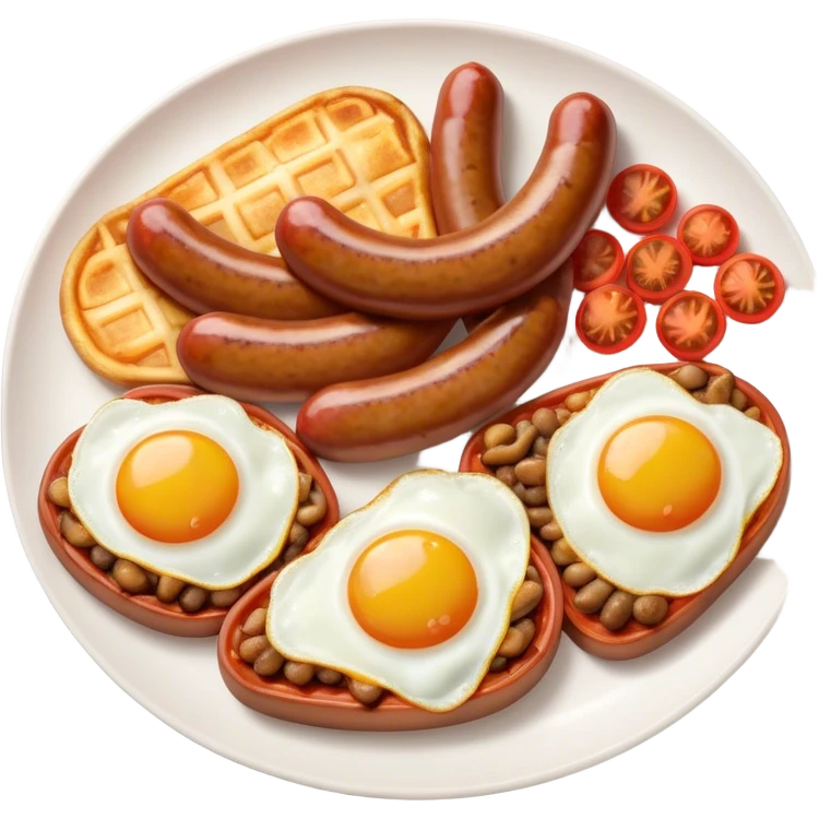 English Breakfast Cinematic Realistic English Breakfast Dish Emoji, depicted as a hearty plate featuring 2 sizzling sausages, a central serving of baked beans, 2 perfectly fried eggs, 2 sliced grilled tomatoes, 2 grilled mushrooms, and a triangle-shaped hash brown, rendered with vivid textures and warm, inviting lighting. emoji