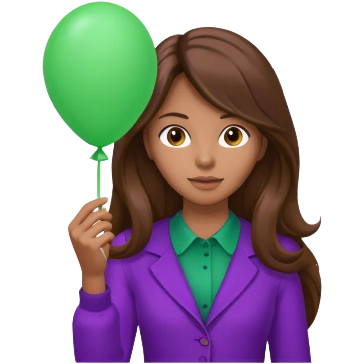 woman with long brown hair and purple costumes, holding green balloon emoji