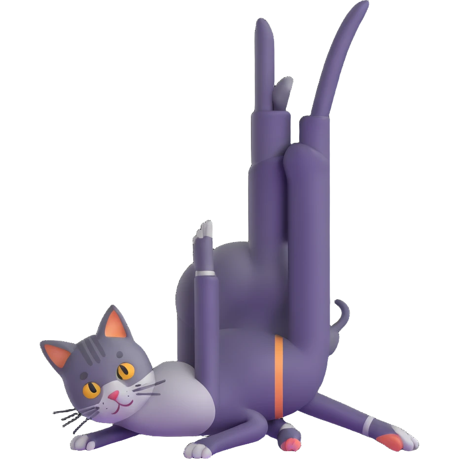 cat doing pigeon yoga pose with one leg bent in front and one leg stretched behind emoji