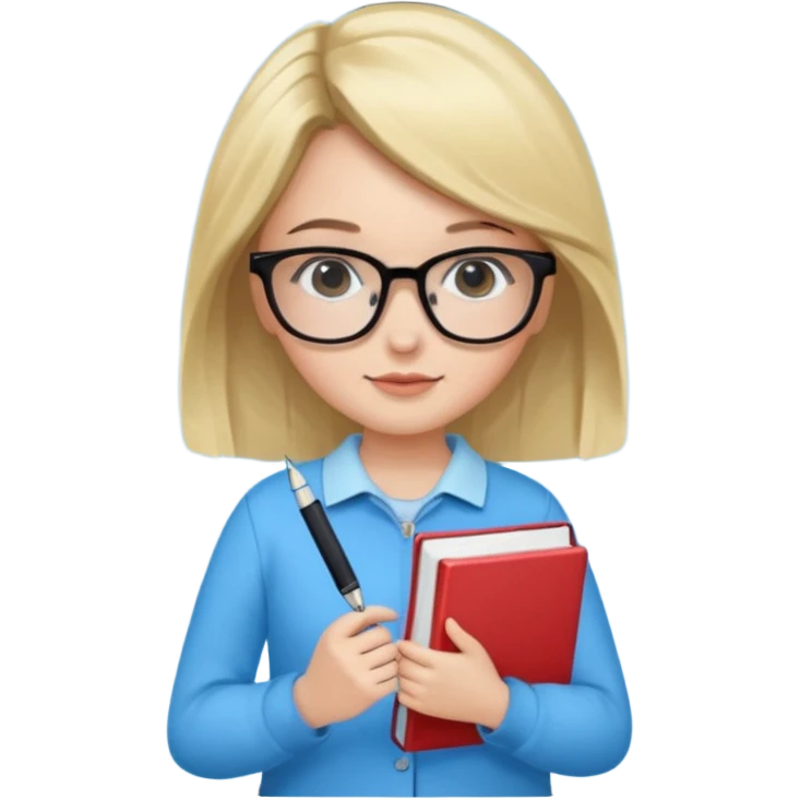 cute girl, glass, smart, Sky-blue colored clothing,
holding a book in one arm and a pen in the other hand.Holding a pen in the right hand as if teaching.Wearing black glasses, with a smart and bright-looking face. emoji