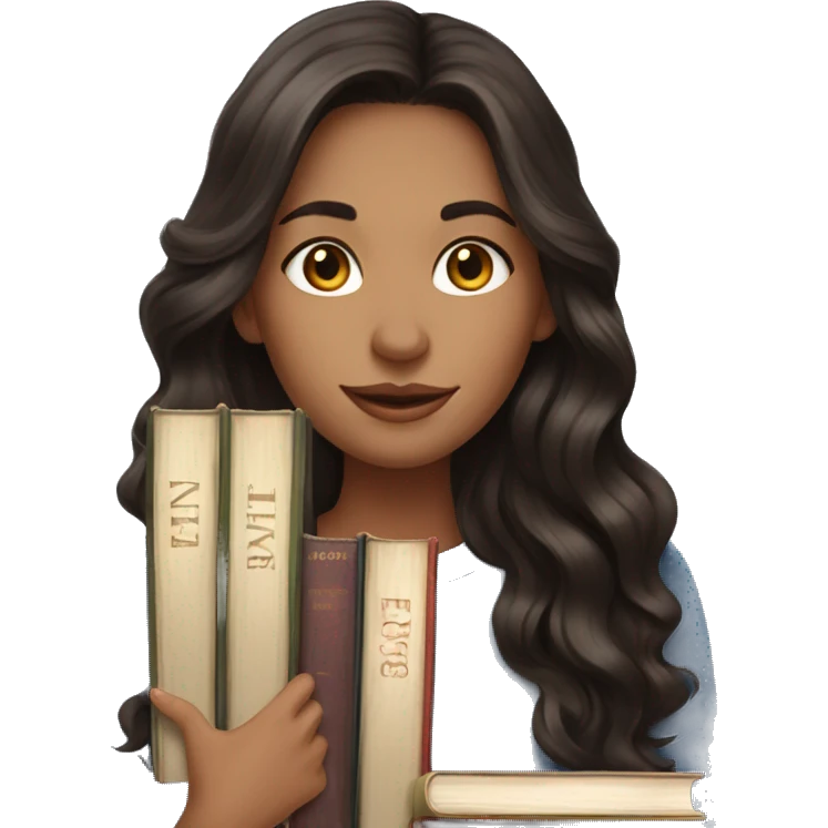 dark brunette long wavy hair highlights woman while holding stack of books emoji