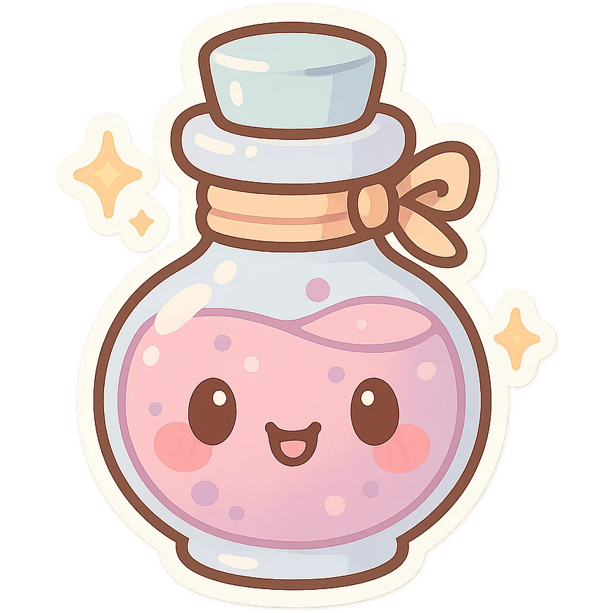 tiny potion bottle, pastel colors, sparkles, cute face, chibi style emoji