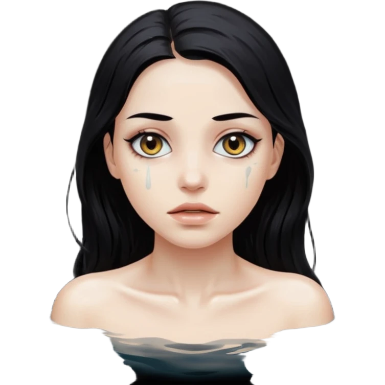 Woman submerged in black water, wet skin and eyes above surface, silent invitation emoji