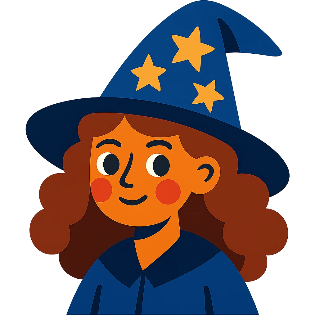 witch with caramel brown curly hair, wearing a starry hat emoji