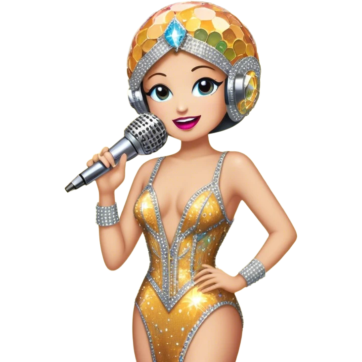 Create a glamorous and vibrant emoji representing stage vocal performance. The design should feature a humanless collage of classic vintage microphone, stage costume covered in rhinestones, large scene speakers, scene lights. The costume should be stylized, with glittering elements like sequins and sparkles, and reflect the glitzy, extravagant nature of show business. The microphone should have a sleek, retro look with chrome or metallic accents. Use rich, dazzling colors like gold, silver, deep purple, and bright red to evoke the glamorous, larger-than-life feel of a stage performance. The background should be transparent. emoji