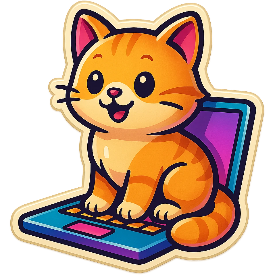 A cute cat sitting on a laptop, vibrant colors, playful and friendly. emoji