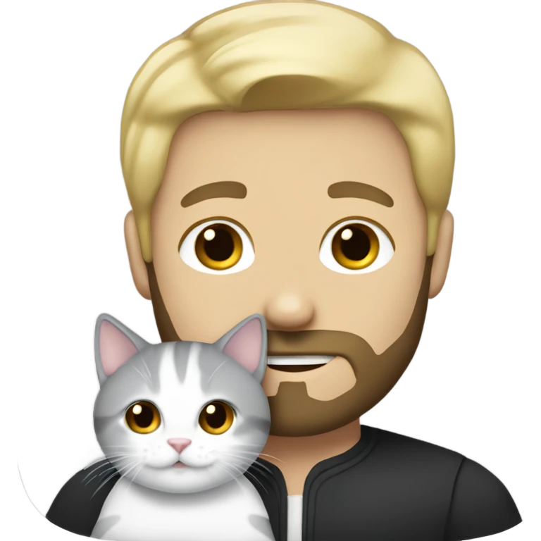 Blonde haired man with a black beard holding a white and gray cat emoji
