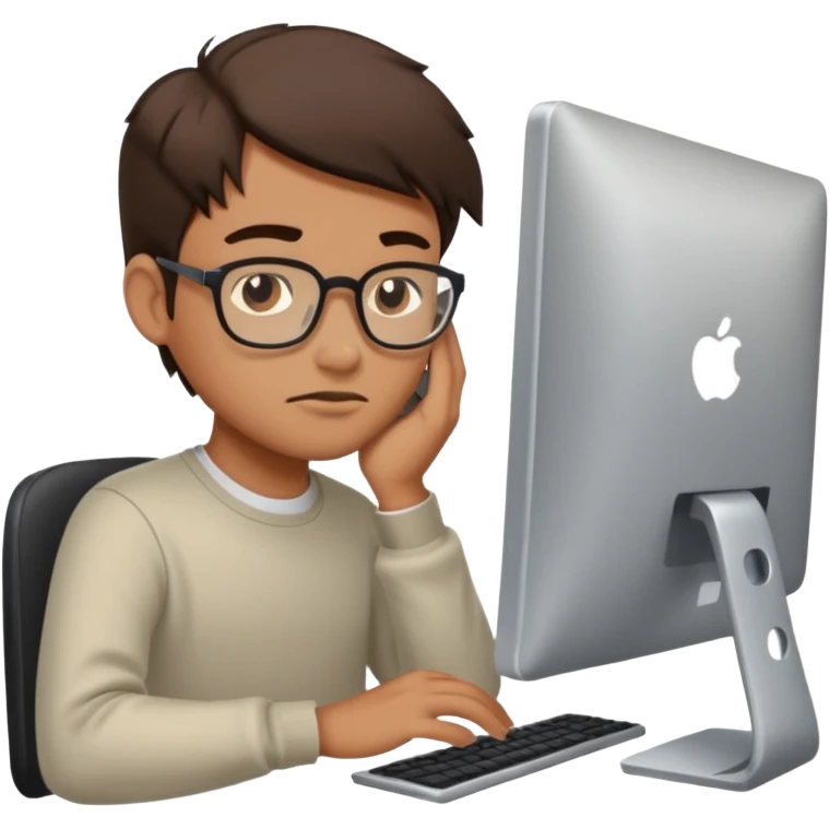 young programmer working very hard on the computer, squinting emoji