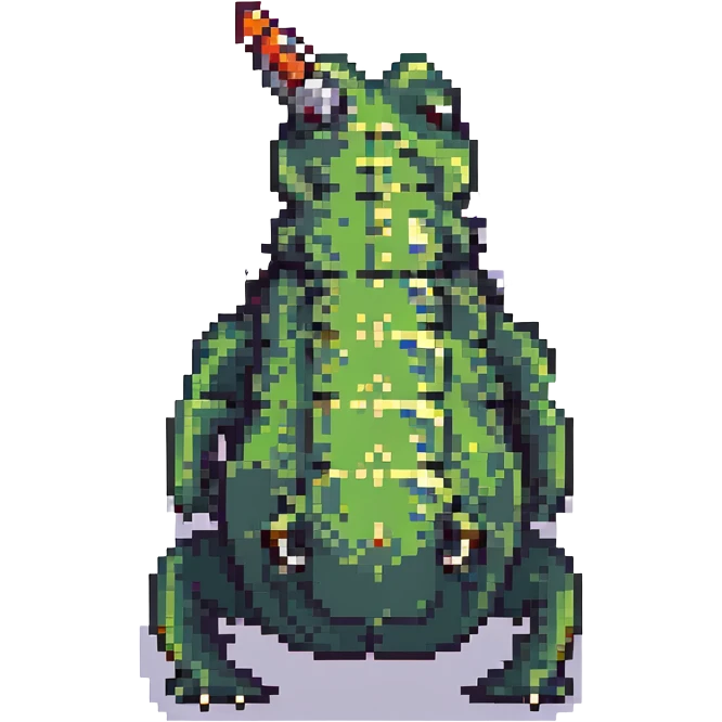 A pixel art crocodile with a bomb on its back, blocky design, retro colors emoji