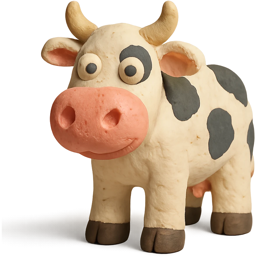 claymation style cow with a friendly face and pink nose emoji