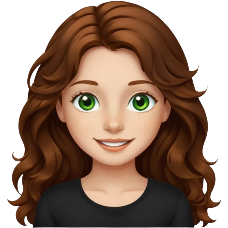 Girl with long wavy brown hair, green eyes, freckles and a black top on. Make her smile  emoji