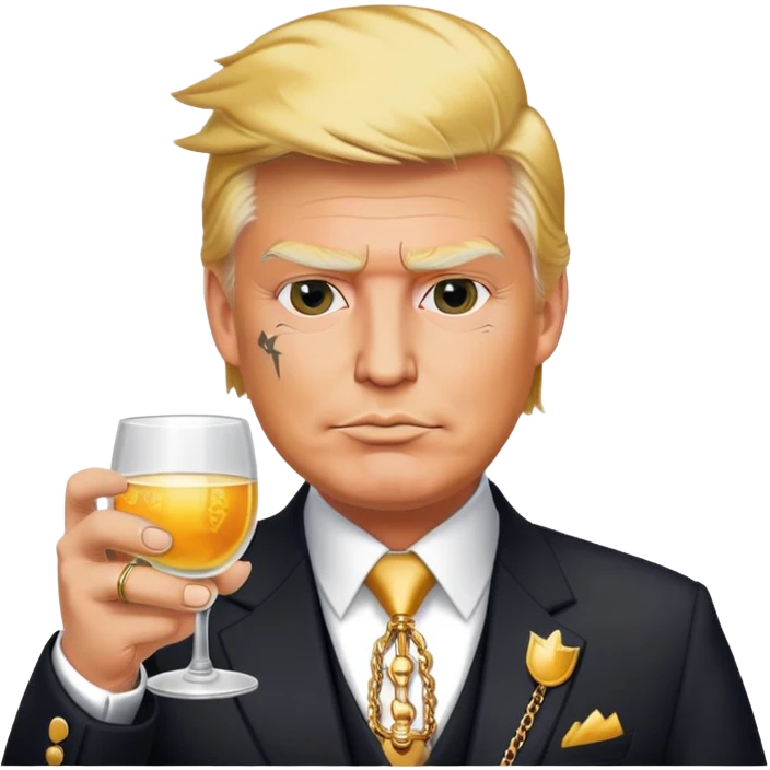 Trump in a suit, but with veneers, chains, and tattoos on his face. He is holding a glass in his hands. emoji