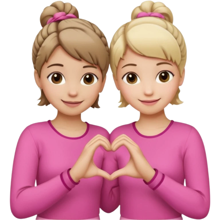 Two best friends making a heart shape with their hands together. One of them has blond hair which is shorter and the other has brown hair tied up. They are both wearing pink outfits. emoji