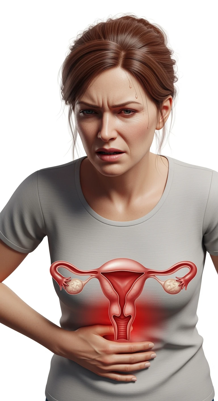 donna con utero umano realistico in evidenza dolorante, espressione di dolore in volto, sfondo bianco, non farla computerizzata, ma iperrealistica 4k emoji