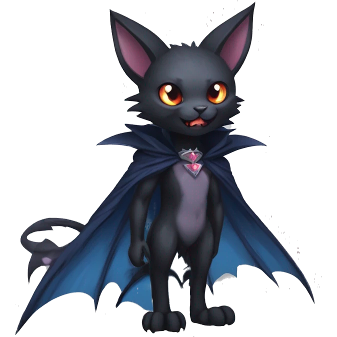  cool edgy beautiful fantasy anime-style dark-punk-themed animal vampiric Nargacuga-cat-hybrid Fakemon with big fangs and bat-wing-ears with a cape full body emoji