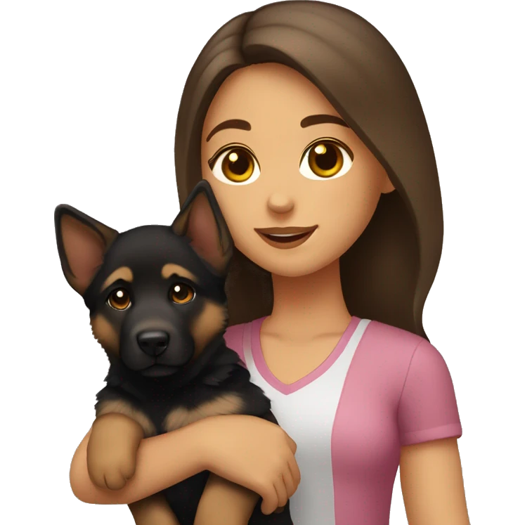 Girl with brown hair and brown eyes holding German shepherd puppy emoji