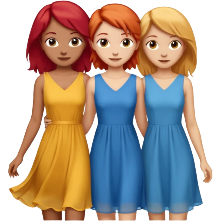 Can you create an image of 3 friends together one with red bright hair light skin one the other with brown hair with some blonde highlights in the hair fair skin the last one with light brown a tint of orange hair with flowy dresses emoji