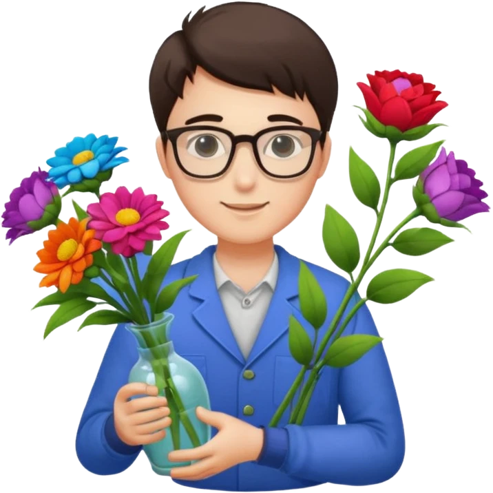 Young male florist – wearing glasses, arranging flowers in a vase. emoji