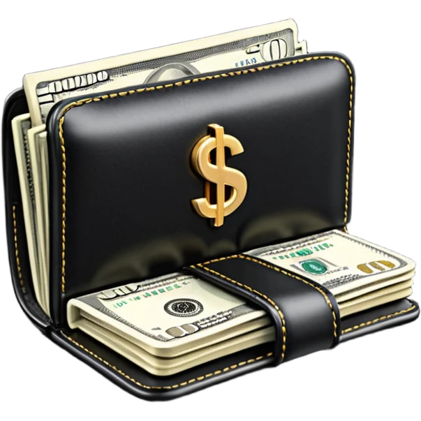 Rich emoji style black leather wallet with dollar bills, luxury money vibe, premium 3D emoji, ultra clean, high detail, no background
 emoji