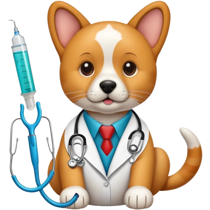 An icon featuring a stethoscope, a paw print, and a syringe, symbolizing veterinary medicine. The design includes a dog and a cat, alongside medical tools, representing animal care, diagnosis, and treatment. Transparent background highlights the science of animal health and well-being. emoji
