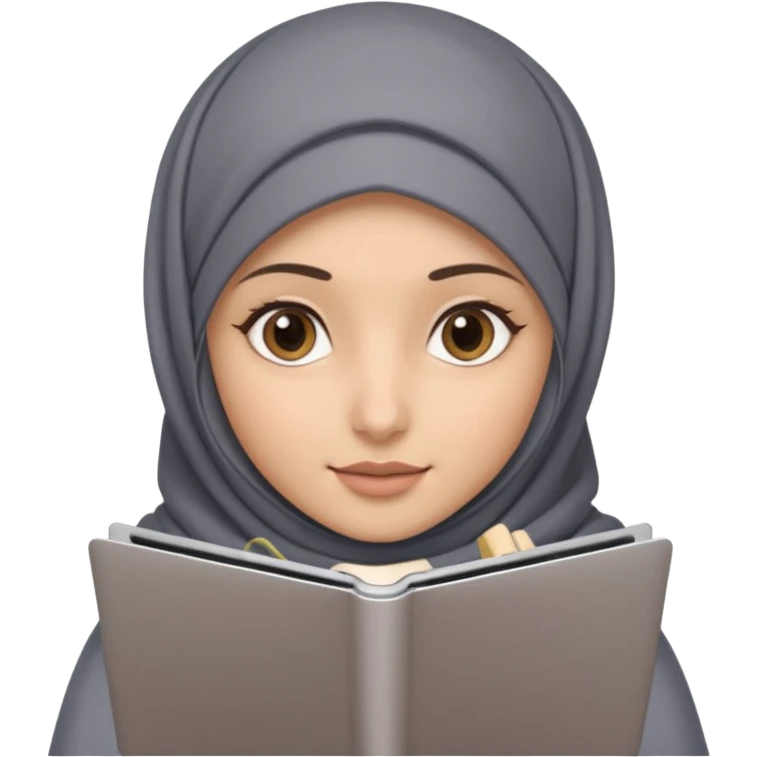 A girl with a gray hijab and hazel eyes is holding a MateBook laptop. emoji